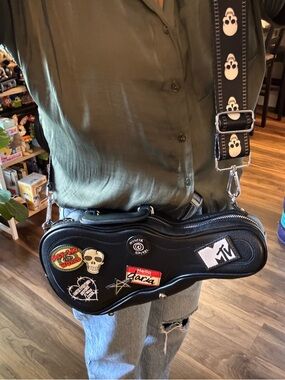 Black Novelty Guitar Case Crossbody Bag with Patch Details
